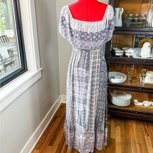 Lulu’s Boho Maxi Dress Purple White Peasant Off Shoulder Smocked Waist Small